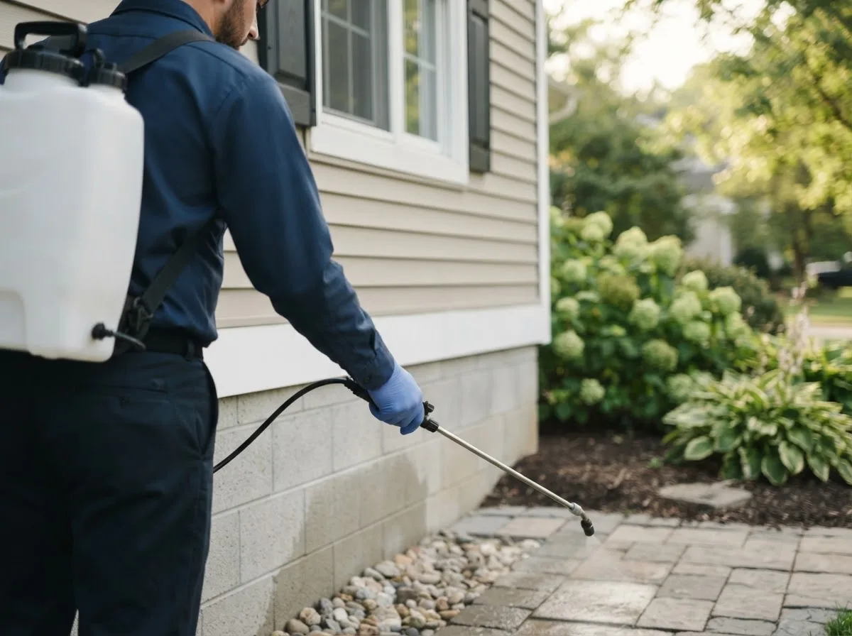 Pest control technician inspecting a home in Fredericktown, MO